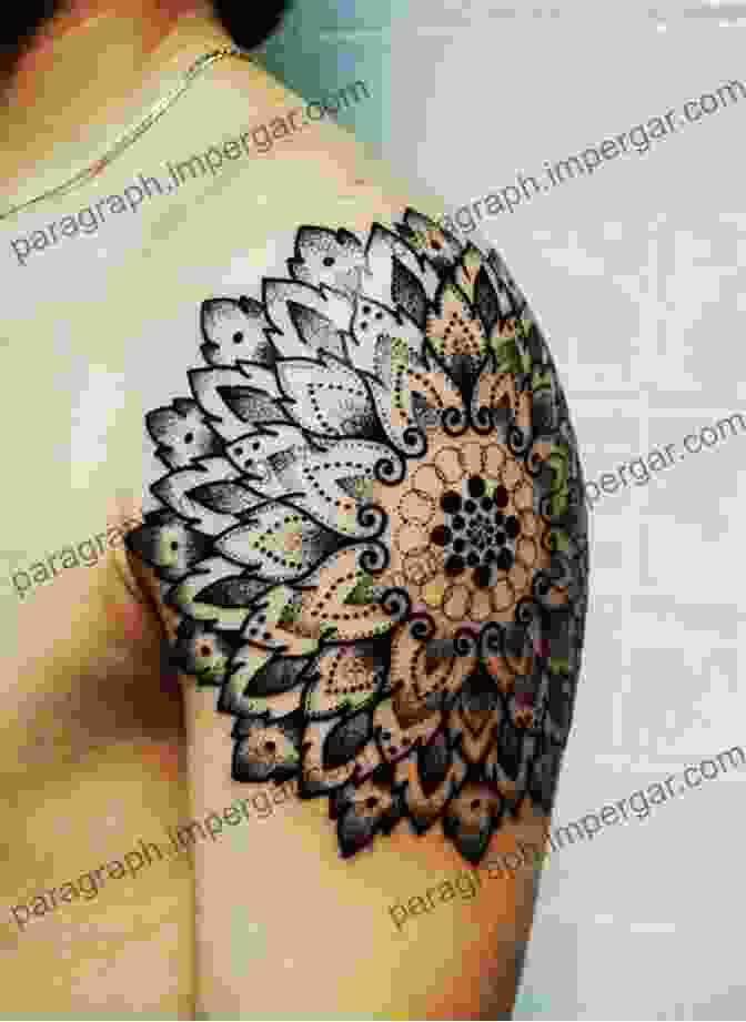 A Vibrant Floral Mandala Tattoo Adorning The Shoulder, Showcasing Delicate Petals And Intricate Geometric Patterns. Floral Collection Style Floral Mandala Tattoos